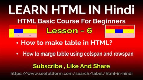 Learn HTML In Hindi Lesson No 6 How To Create Table In HTML Using