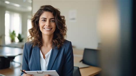 Premium AI Image | Happy professional female psychologist holding clipboard looking and smiling ...