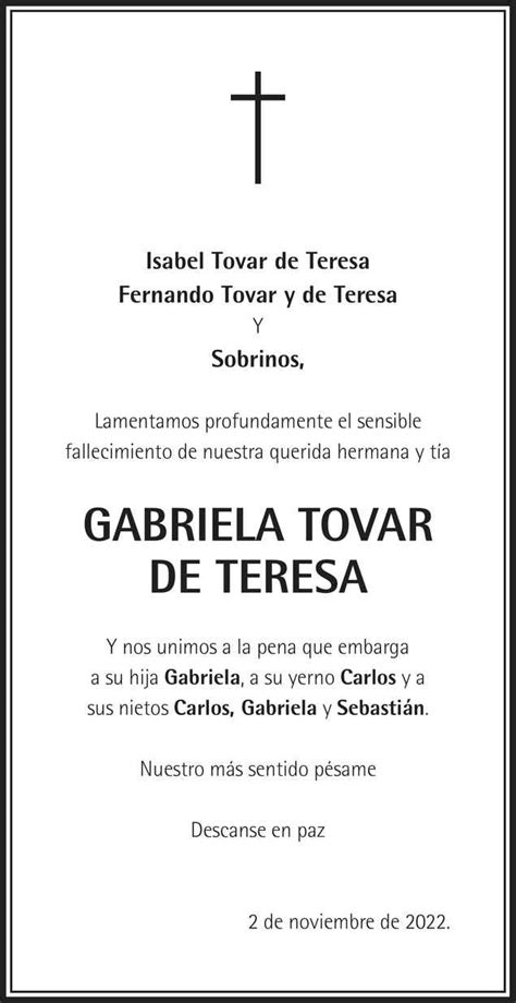 Señora Gabriela Tovar de Teresa Obituario Esquela