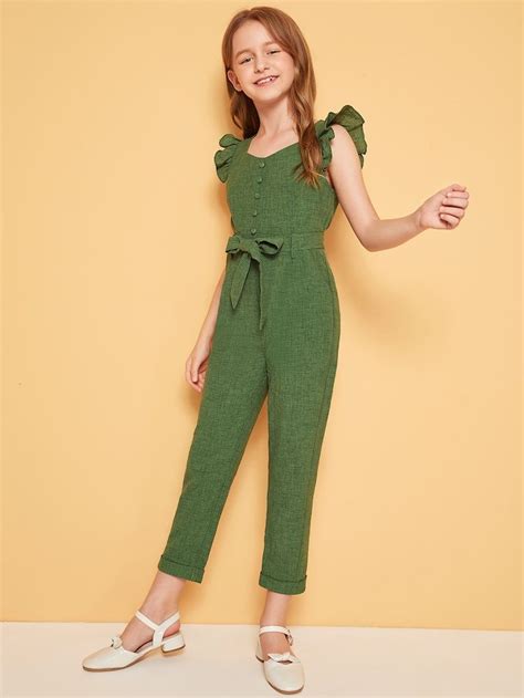 Shein Girls Ruffle Trim Button Front Belted Jumpsuit Jumpsuits For