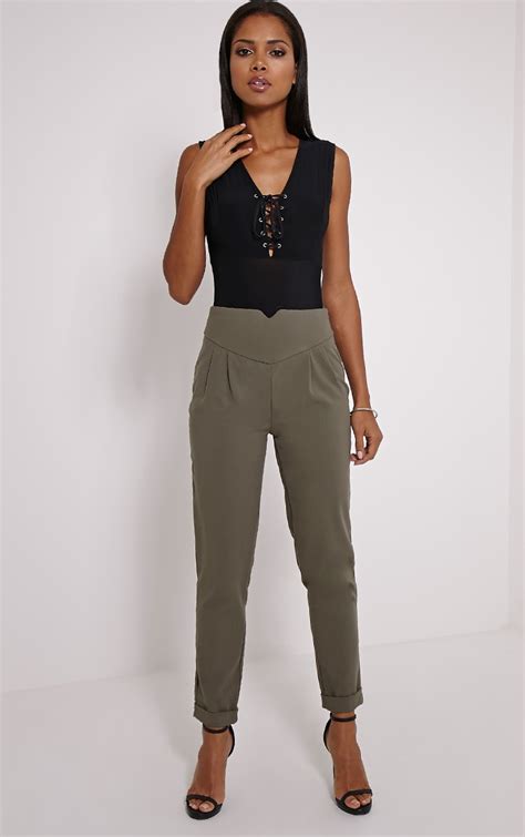 Elenor Khaki High Waisted Tapered Trousers Prettylittlething