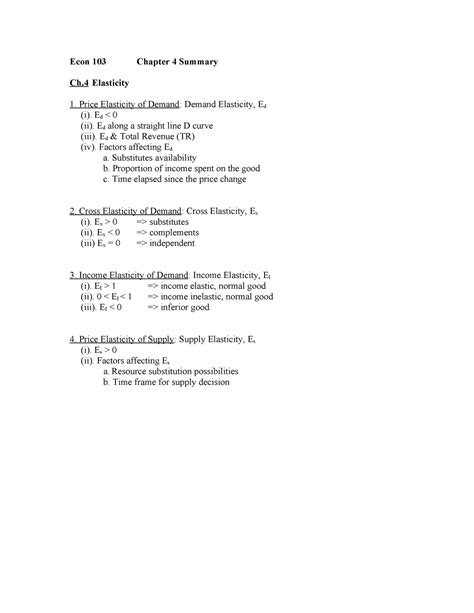 Ch 4 Summary Notes Econ 103 Chapter 4 Summary Ch Elasticity