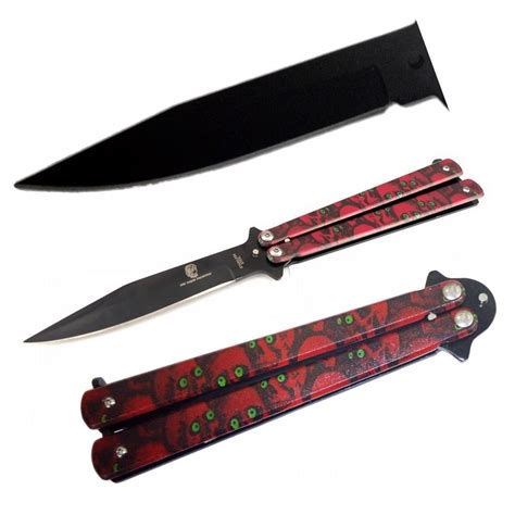 Coltello Butterfly Red Skull Balisong Con Lama Nera Ed Impugnatura