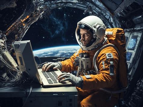 Premium Ai Image Astronaut Using Laptop Astronaut Working On The