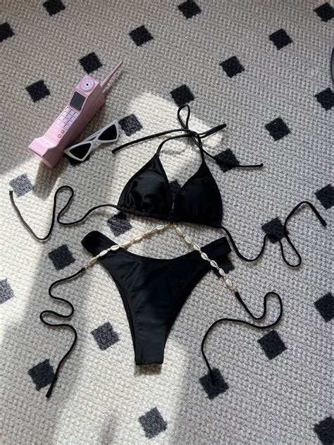 Conjunto de Bikini cruzado Renyu traje de baño Rosa cadena realce microbañador Sexy Tanga playa