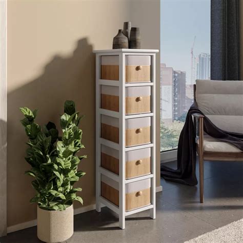 Cassettiera 26 cm con cinque cassetti in legno bianco e bambù naturale