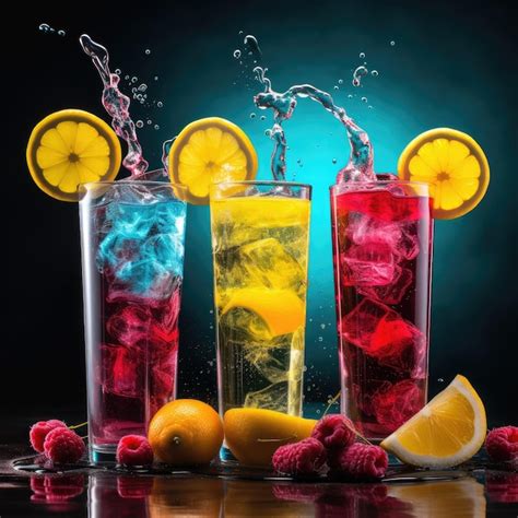 Un Grupo De Bebidas Coloridas Con Limones Y Frambuesas Foto Premium