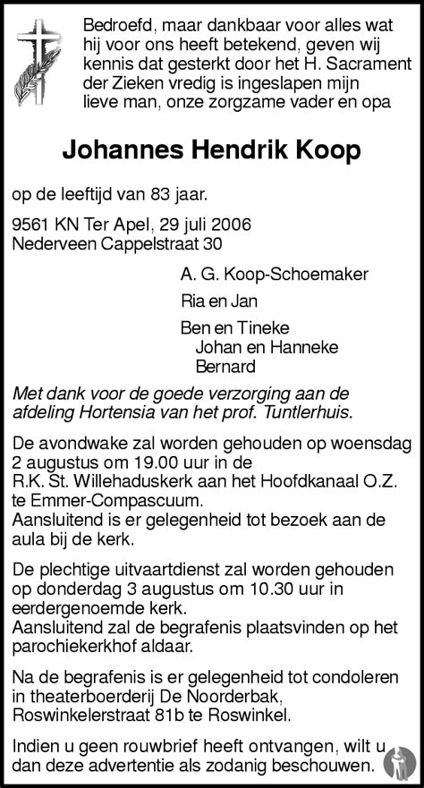 Johannes Hendrik Koop 29 07 2006 Overlijdensbericht En Condoleances