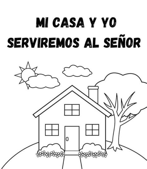 A Coloring Page With A House And Tree In The Background Which Reads Mi