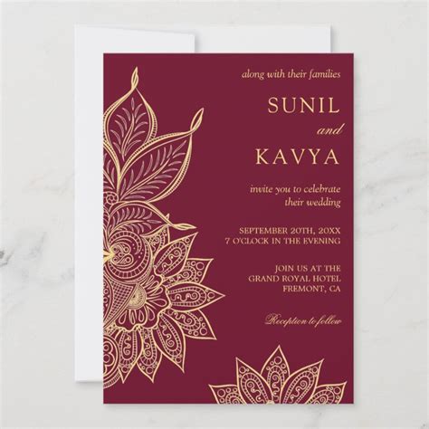 Gold Burgundy Mehendi Henna Indian Wedding Kaart Zazzle Nl