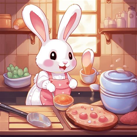 Premium AI Image Cartoon Rabbit In Apron Preparing Food In Kitchen