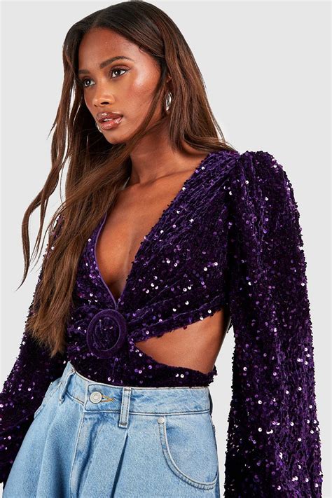 Plum Velvet Sequin Cut Out Bodysuit Boohoo Uk