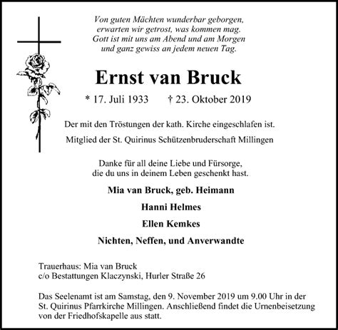 Traueranzeigen Von Ernst Van Bruck Trauer In Nrw De