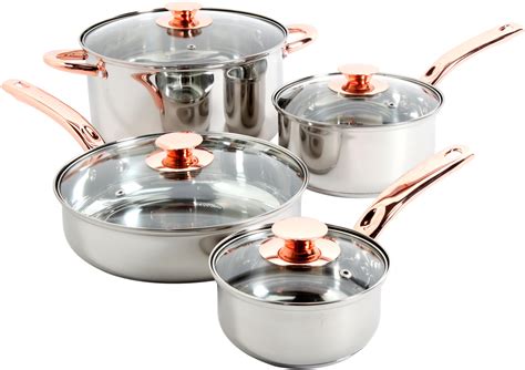 Stainless Steel Cookware Set Pots And Pans Glass Lid Sauce Copper Handle 8 Piece | eBay