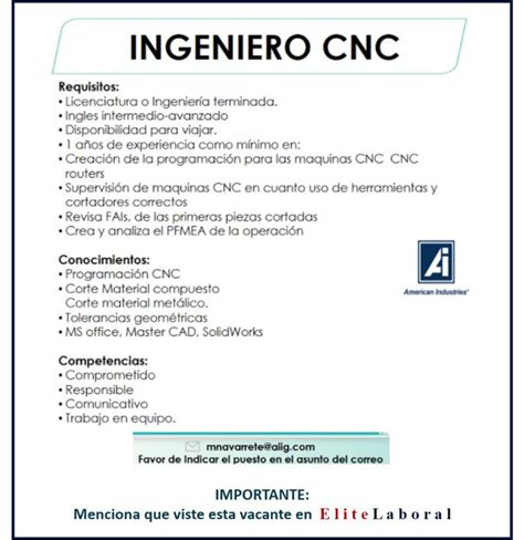 Vacante Ingeniero Cnc Elitelaboral