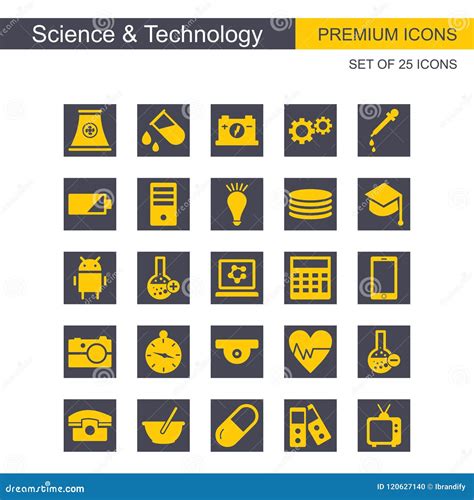 Science And Technology Icons Set Grey And Yellow Stock Vector