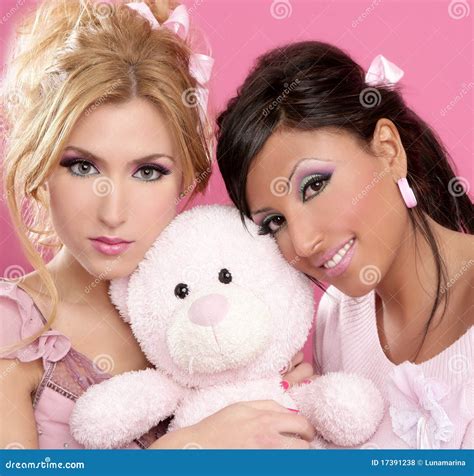 Blonde And Brunette Girls Hug A Pink Teddy Bear Stock Photo Image Of Makeup Eyelashes 17391238