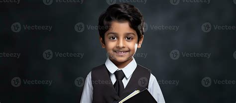 Happy Indian boy wearing school uniform in primary school with a black ...