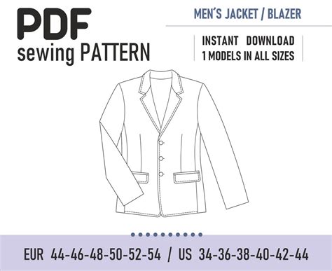 Pdf Sewing Pattern Mens Jacket Blazer Size 44 54 Etsy