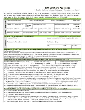 Fillable Online Birth Certificate Application Freeborn County Fax