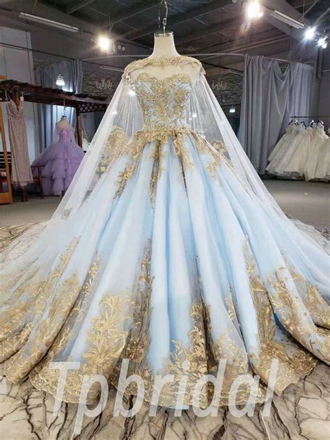 Light Blue Wedding Dress Gold Lace Ball Gown Long Train With Cape