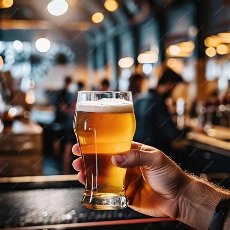 Premium Ai Image Hand Holding A Glass Of Beer With Blurred Bar Background