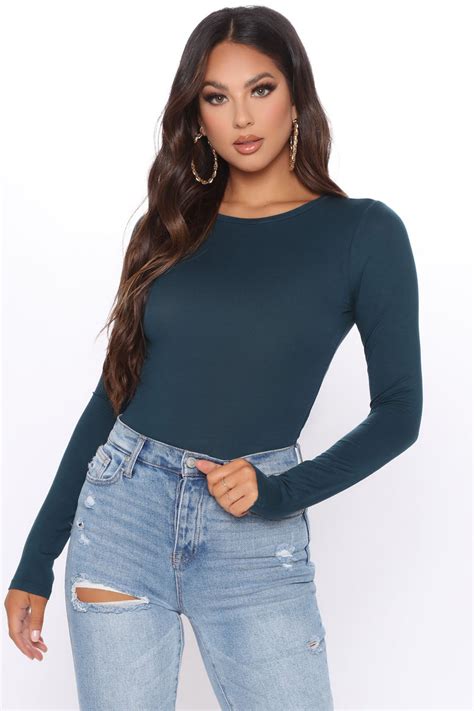 Krystal Crew Neck Long Sleeve Bodysuit Dark Teal Fashion Nova Basic Tops And Bodysuits