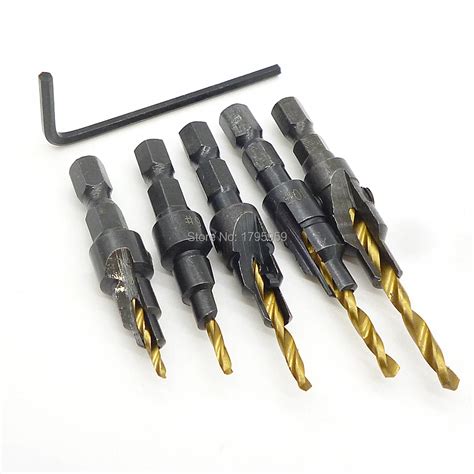 HSS Titanium Countersink Drill Bits 5pc Set Quick Change 1 4 Hex Shank