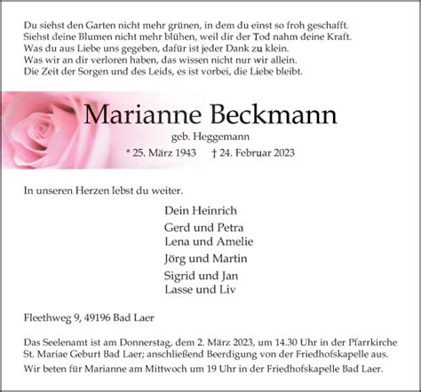 Traueranzeigen Von Marianne Beckmann Noz Trauerportal