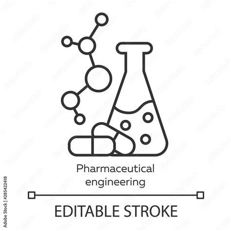 Pharmaceutical engineering linear icon. Chemical engineering. Flask, molecule, capsules ...