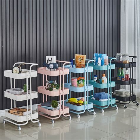 Plastic 3 Tier Folding Trolley Movable Kitchen Rack Trolley Storage