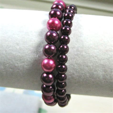 Purple And Fuschia Pearl Bracelet Double Row Memory Wire Etsy