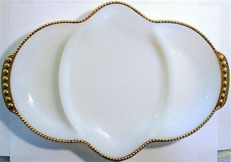 Gl Anchor Hocking Fireking Gold Trim Milk Glass Relish Dish