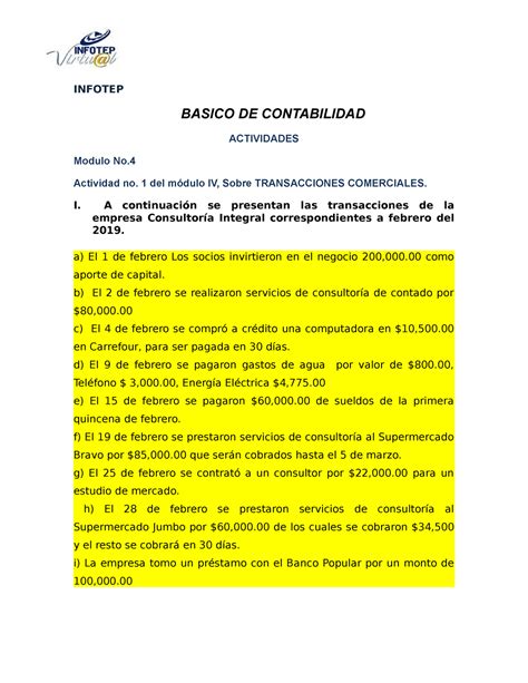 Actividad No 1 Modulo No 4 2 INFOTEP BASICO DE CONTABILIDAD