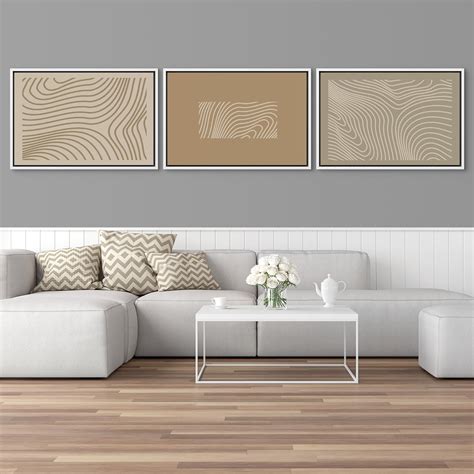 IDEA4WALL Framed Canvas Print Wall Art Set Of 3 Abstract Beige Line