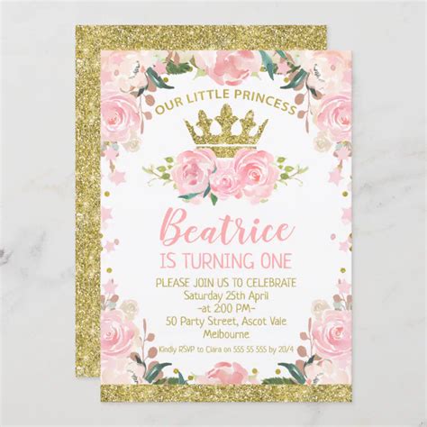 Pink Floral Princess Crown 1st Birthday Invitation Zazzle