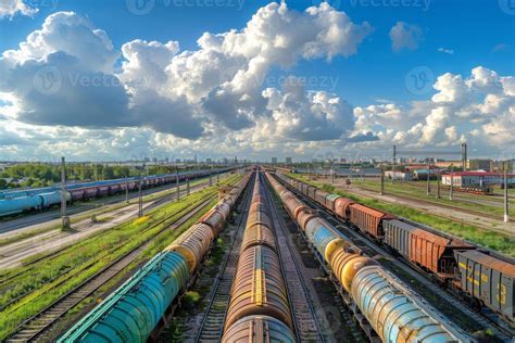 Aerial View Of Cargo Trains Loaded With Shipping Containers At A Rail