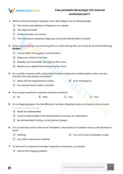 Free Printable Mississippi CDL Hazmat Worksheet Part 1