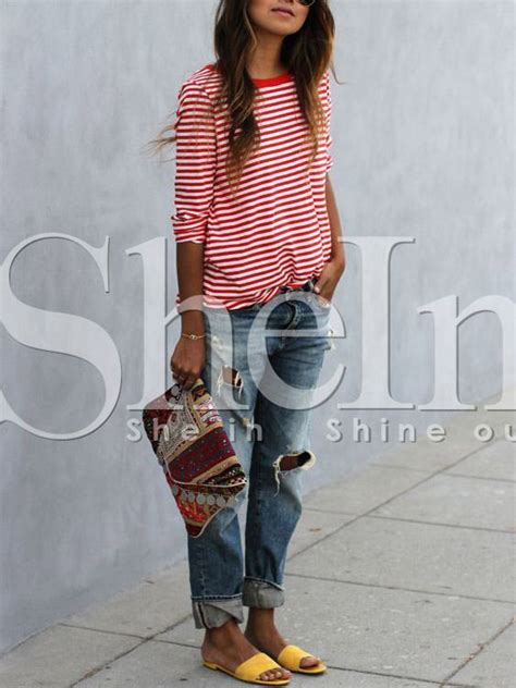 Shop Red White Long Sleeve Striped T Shirt Online Shein Offers Red