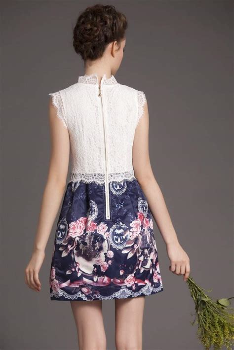 White Blue Sleeveless Lace Floral Dress Shein Sheinside