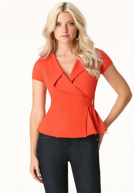 Bebe Cascade Neck Peplum Top In Orange POINCIANA Lyst