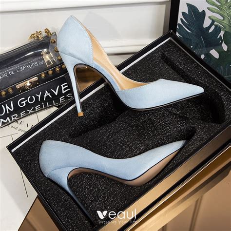 Modest Simple Sky Blue Office Ol Open Side Leather Suede High Heels