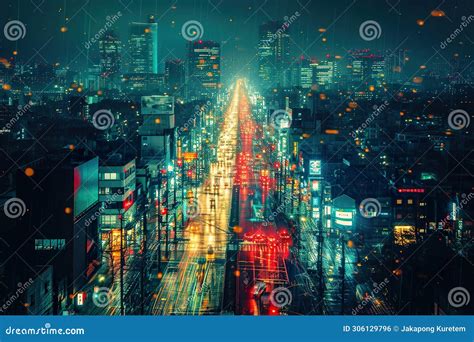 Abstract Night View of the Street in Cityscape from the Bird S ...