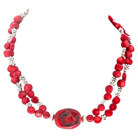 Ajd Natural Red Coral And Red Coral And Silver Flowers Double Strand Necklace For Sale At 1stdibs