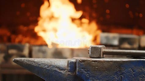 Hammer On Anvil In Forge On Furnace With Fire Background In Smithy