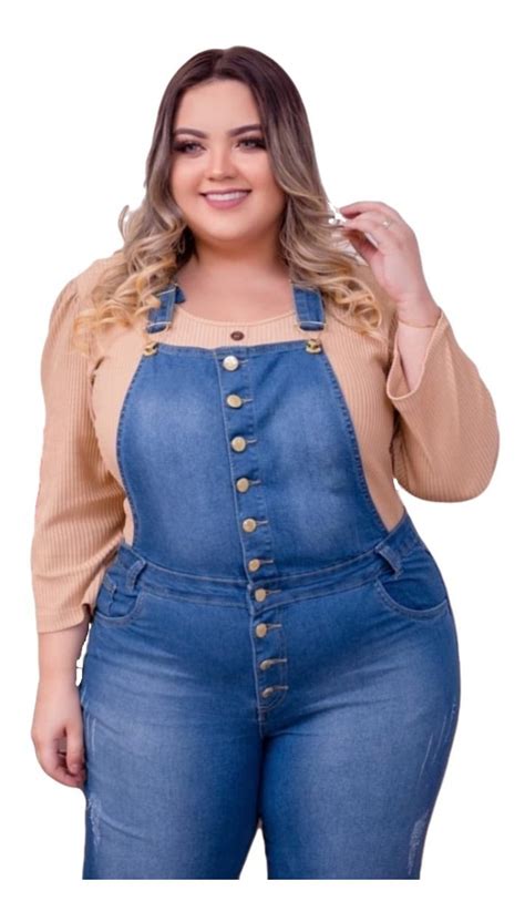 Jardineira Jeans C lycra Plus Size C botões Frontal Ref 414