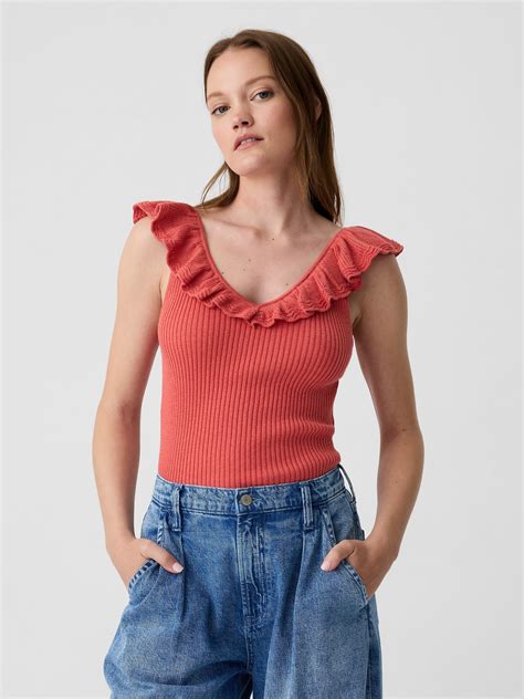 Fitted Ribbed Ruffle Tank Top Gap Factory