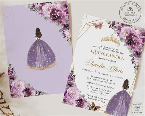 Mauve Plum Purple Floral Quinceañera Invitation Printable Etsy