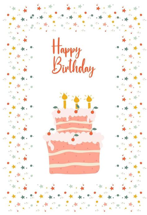 Happy birthday vertical frame template with confetti and cute cake with candles. Vector ...