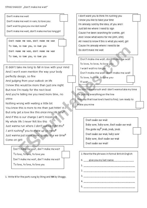 "Don´t make me wait" by Sting and Shaggy - ESL worksheet by ninkas